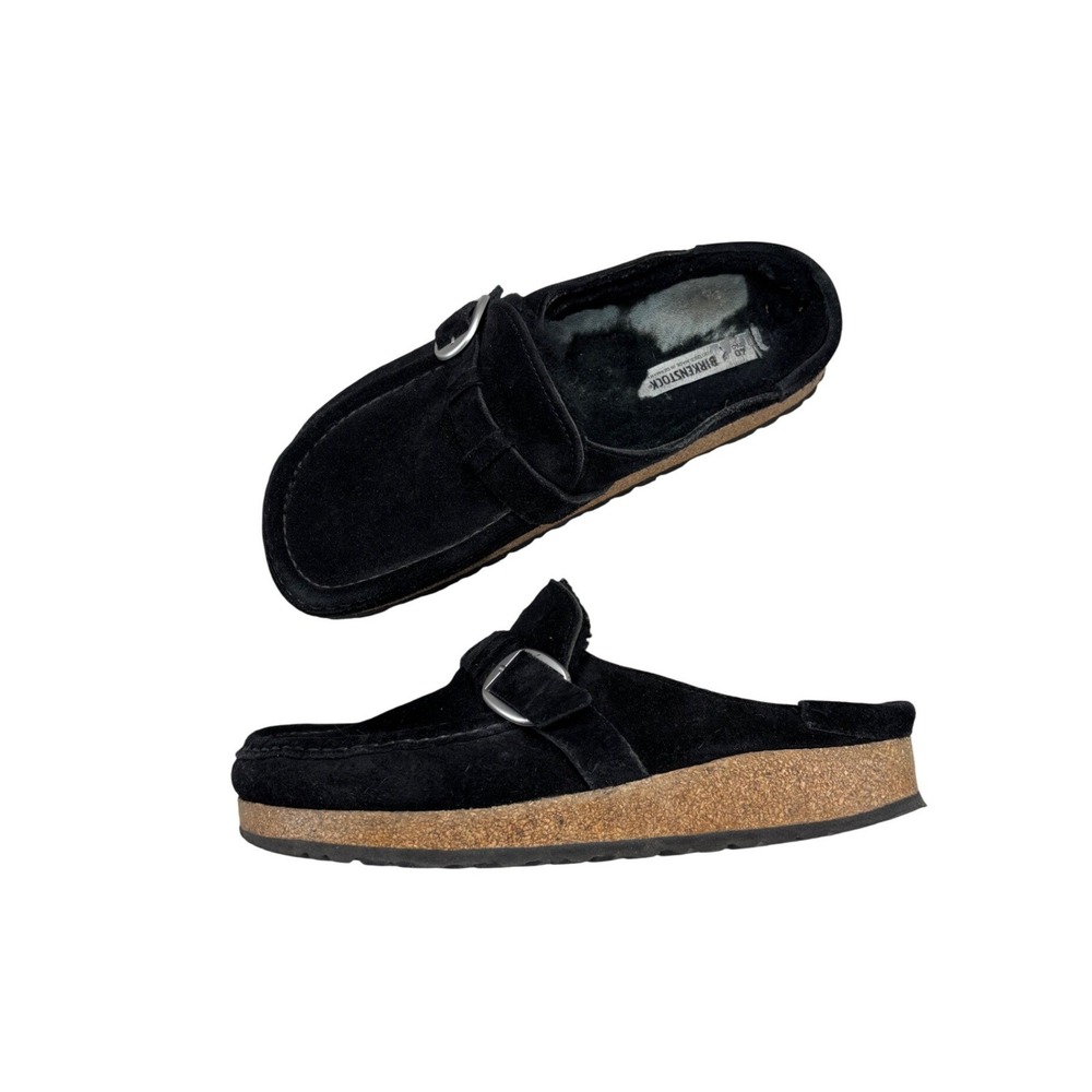 Birkenstock Buckley Black Suede Shearling Lined Clog Mules Womens 9 EU 40